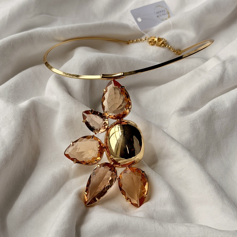 Oversized Flower Choker Necklace - Gold - Reconstituted Topaz And Morganite